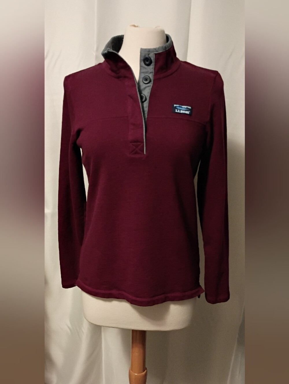 L.L. Bean Cotton Burgundy Gray Button Pullover Shirt Shacket Athletic Fall Top S